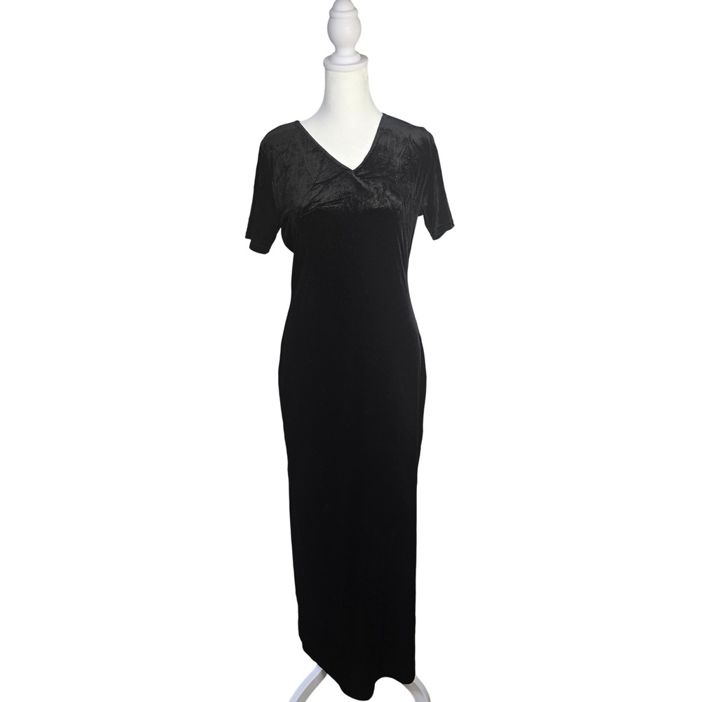 Vtg‎ Carol Black Velvet Maxi Dress Short Sleeve V Neck Evening Gown Withy Size M